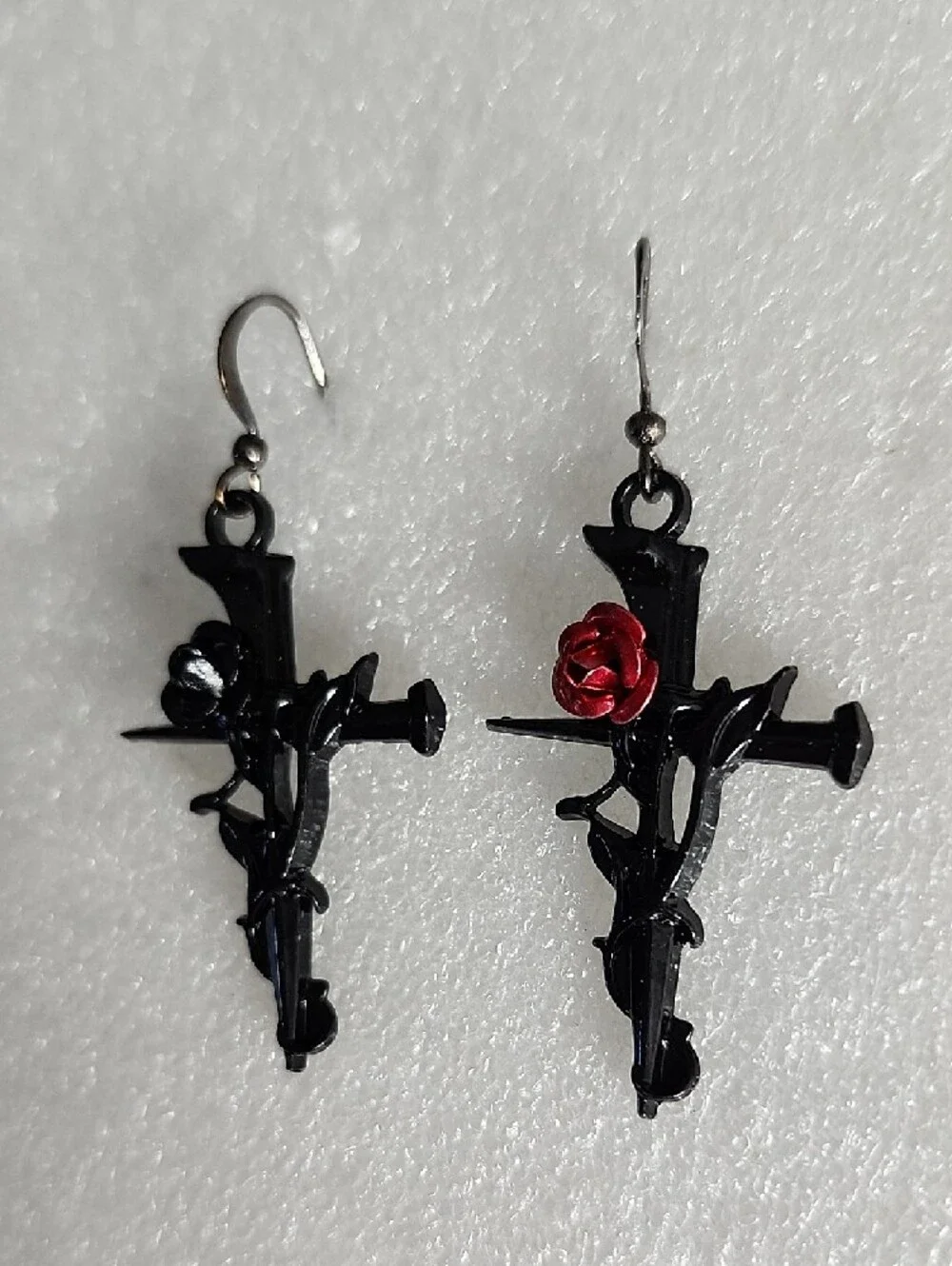 Hand Crafted Black Cross Earrings with Red Rose Accent